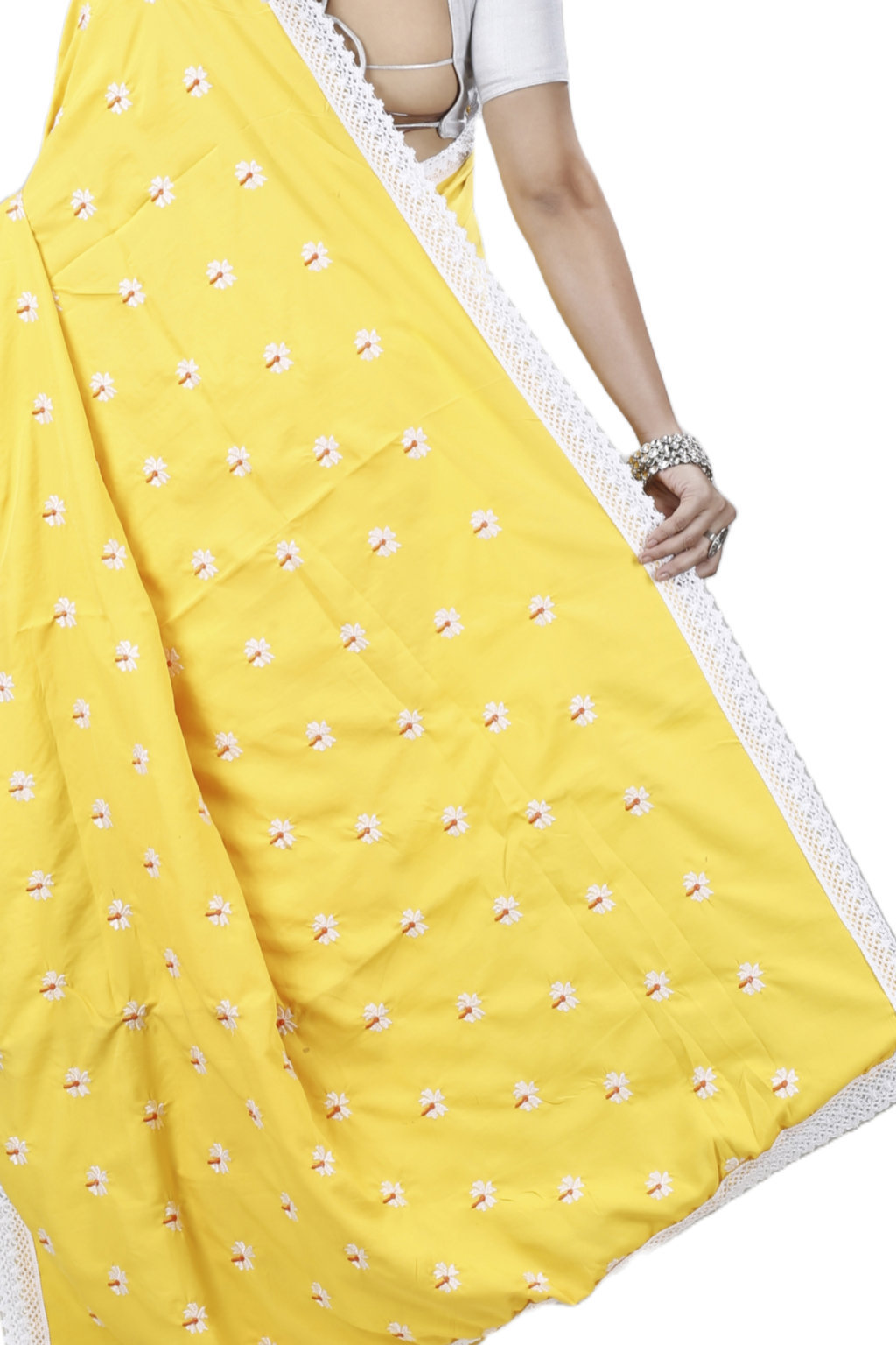 Yellow White Pure Cotton LalPori Hand Loom Saree (1253)